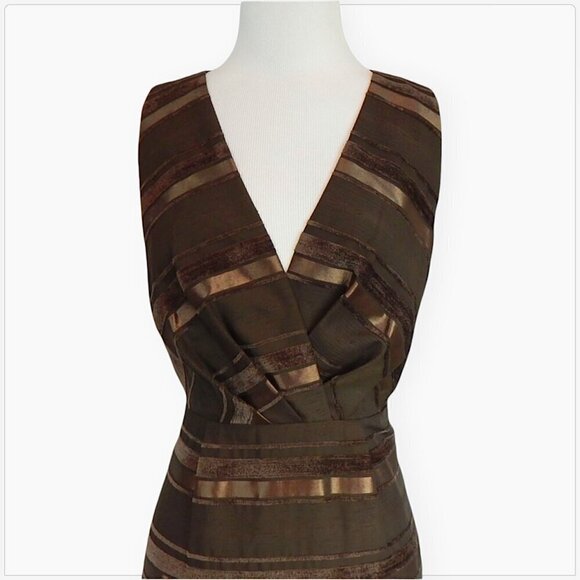 Max and Cleo Brown Satin Stripe Fitted Sheath Sleeveless Cocktail Dress 2 - Picture 3 of 5
